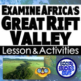 Promotional graphic for Africa's Great Rift Valley lesson and activities with a map and landscape image.