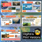 Educational materials on a world map with digital and print versions of educational content.