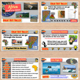 Educational materials on a wooden surface, including maps and game cards about Africa and the Great Rift Valley.