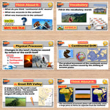 Educational posters on a wooden surface with various educational content.