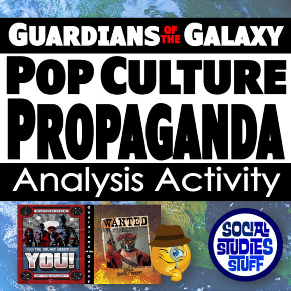 Promotional graphic for 'Guardians of the Galaxy' pop culture propaganda analysis activity with character illustrations and text.