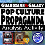 Promotional graphic for 'Guardians of the Galaxy' pop culture propaganda analysis activity with character illustrations and text.