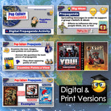 Educational materials on digital and print versions of pop culture propaganda with various posters and text.