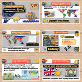Educational game interface with history-themed questions and graphics on a wooden surface.
