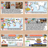 Educational game cards on a wooden surface with maps and text.