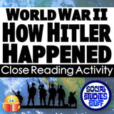 Title card for a World War II close reading activity on how Hitler happened, with silhouettes of soldiers and a world map in the background.