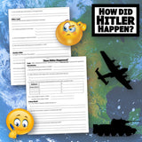 Two worksheets titled 'How Did Hitler Happen?' with emoticons and a map background.