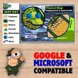 Map of Happyland & Sportsville with a map key and cartoon character pointing at it, on a wooden background.