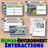 Educational materials on human-environment interactions with worksheets and digital activities.