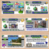 Educational materials on a wooden surface with various educational graphics and text.