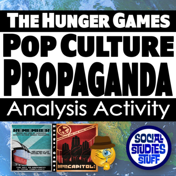 Promotional graphic for 'The Hunger Games' pop culture propaganda analysis activity with text and images of propaganda posters.