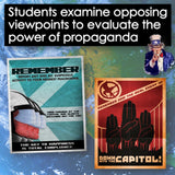 Two propaganda-style posters with text and graphics on a blue background.