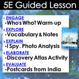 5E Guided Lesson structure with an Atlas of India on a blue background