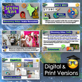 Educational materials about South Asia, including maps and cultural images, with a focus on India.