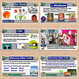 Educational materials on a wooden surface, including slides about Hinduism and Indian culture.