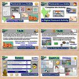 Educational materials on postcards from India with various activities and rubrics displayed.