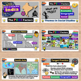 Educational materials on a South Asia theme with maps and text on a wooden surface.