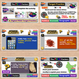 Educational software interface with multiple screens showing activities and questions.