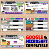 Educational software interface with multiple screens on a wooden surface, featuring Google and Microsoft compatibility text.