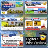 Educational game interface with various educational elements on a world map background.