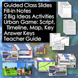 Educational materials including slides, notes, activities, and a teacher guide on a world map background.