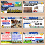 Educational game boards on a wooden surface with various topics and activities.