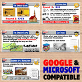 Educational game interface with multiple screens on a wooden surface, featuring Google and Microsoft compatibility text.