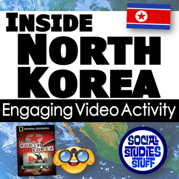 Promotional graphic for 'Inside North Korea' video activity with North Korean flag and National Geographic logo.