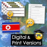 Educational materials with a North Korea flag and emojis on a world map background