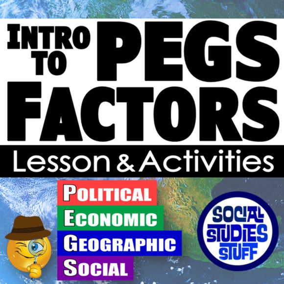 Title card for 'Intro to PEGS Factors' lesson and activities with colorful text and a logo.