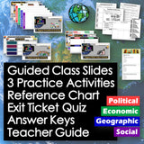 Educational materials with digital activities and printables on a world map background.