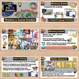 Educational software interface with various activities on a wooden background
