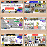Educational posters and activities on a wooden surface, focusing on PEGS Factors and Geographic studies.