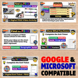 Educational software interface with multiple screens on a wooden background, featuring Google and Microsoft compatibility text.