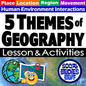 Promotional graphic for '5 Themes of Geography' lesson and activities with a map and globe illustration.