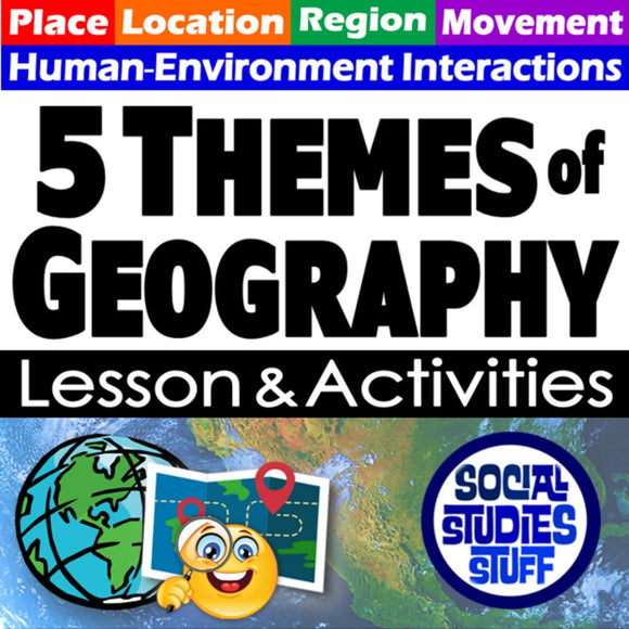 Promotional graphic for '5 Themes of Geography' lesson and activities with a map and globe illustration.
