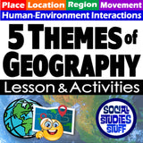 Promotional graphic for '5 Themes of Geography' lesson and activities with a map and globe illustration.