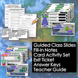 Educational materials including slides, notes, and activities on a world map background.