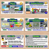 Educational flashcards on a wooden surface with various geography topics.