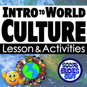 Title card for 'Intro to World Culture Lesson & Activities' with a globe and children around it, featuring the Social Studies Stuff logo.