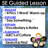 5E Guided Lesson structure with activities and children's faces on a blue background