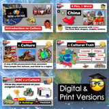 Educational materials on culture with various activities and graphics on a world map background.