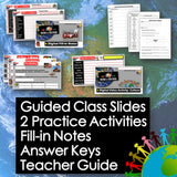 Educational materials including slides, activities, notes, and a teacher guide on a world map background.