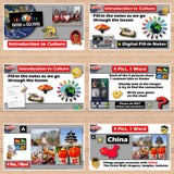 Educational materials on a wooden surface with text and images related to 'Introduction to Culture' and '4 Pics, 1 Word' games.