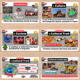 Educational posters about vocabulary, culture, custom, and cultural traits on a wooden surface.