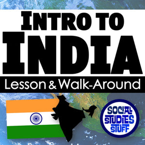 Title card for 'Intro to India' lesson and walk-around with map and flag.