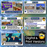 Educational materials about South Asia, featuring images of the Taj Mahal and maps.