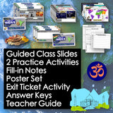 Educational materials including slides, activities, and notes with a world map and OM symbol in the background.