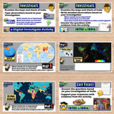Educational digital investigate activity on a wooden surface with maps and world population chart.