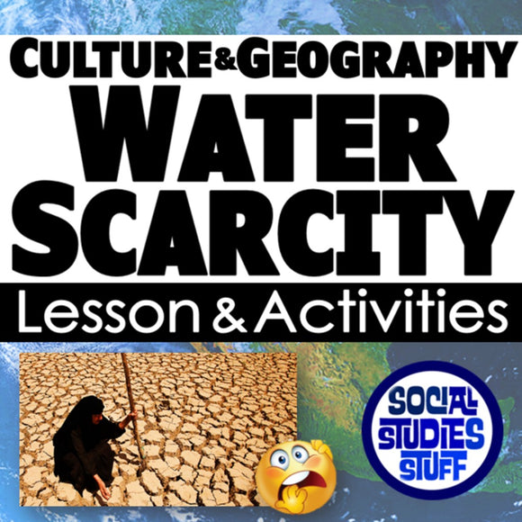 Educational poster about water scarcity with text and images of a person on cracked earth and a surprised emoji.